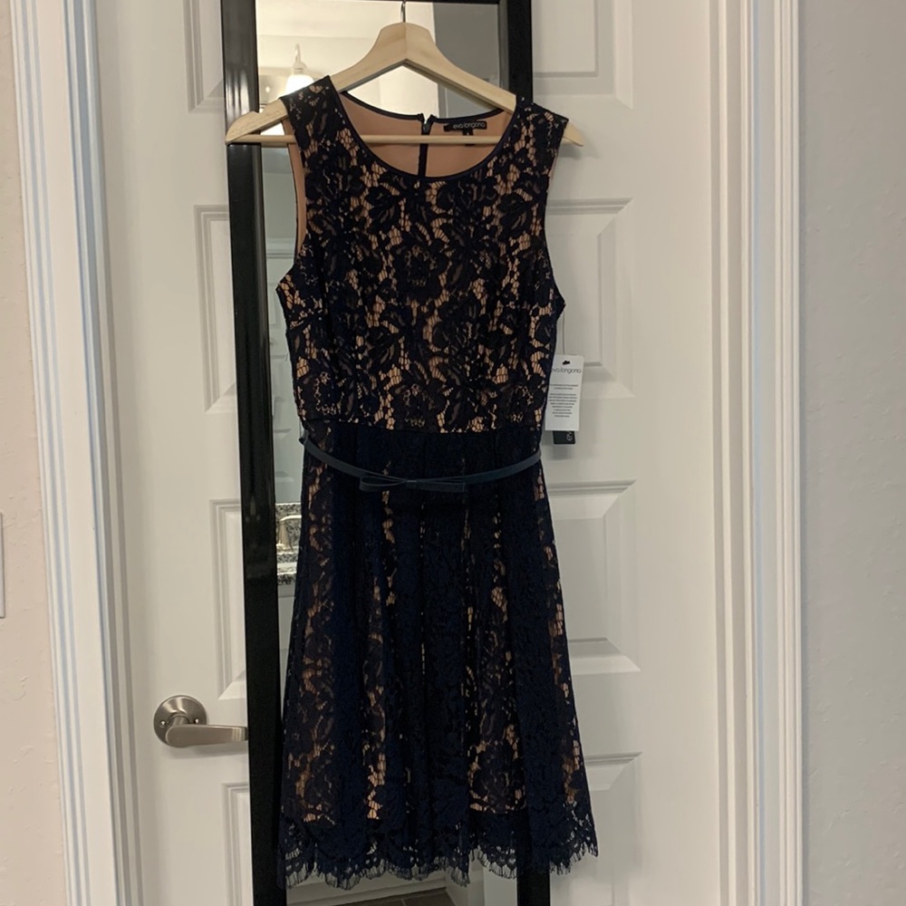NWT Eva Longoria Fit Flare Lace Dress Sleeveless Dress Navy Nude, Size 2.